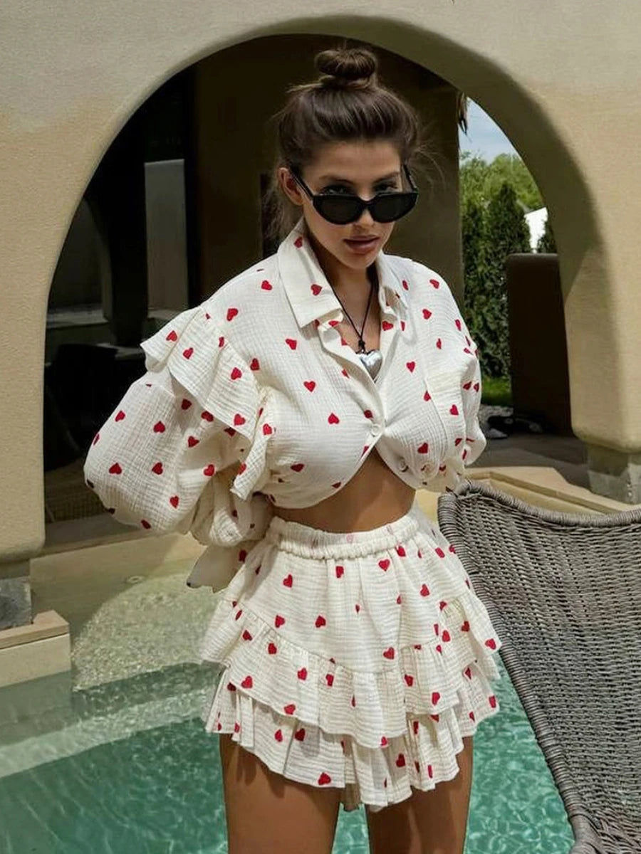 Bronladies Love Printed Long Sleeved Shorts Set