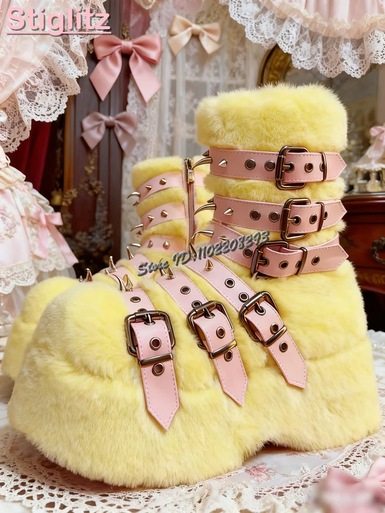 Rivet Platform Plush Furry Mid-Calf Boots
