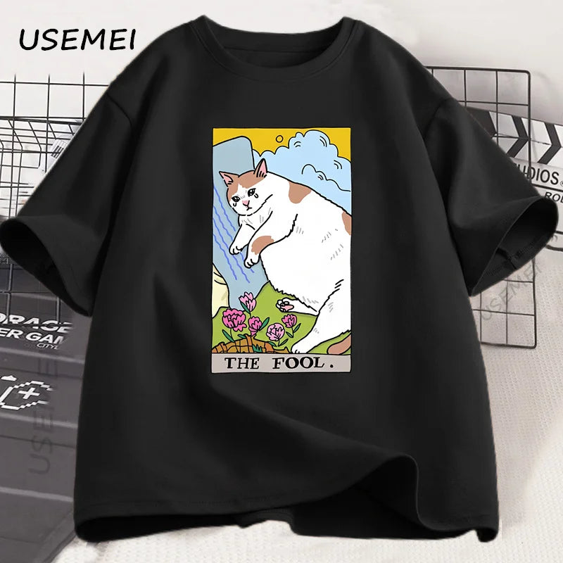 悲しい猫のミーム ザ・フール タロット Tシャツ メンズ レディース 魔女風ファッション 泣いている猫 Tシャツ カジュアル オーバーサイズ Tシャツ ストリートウェア