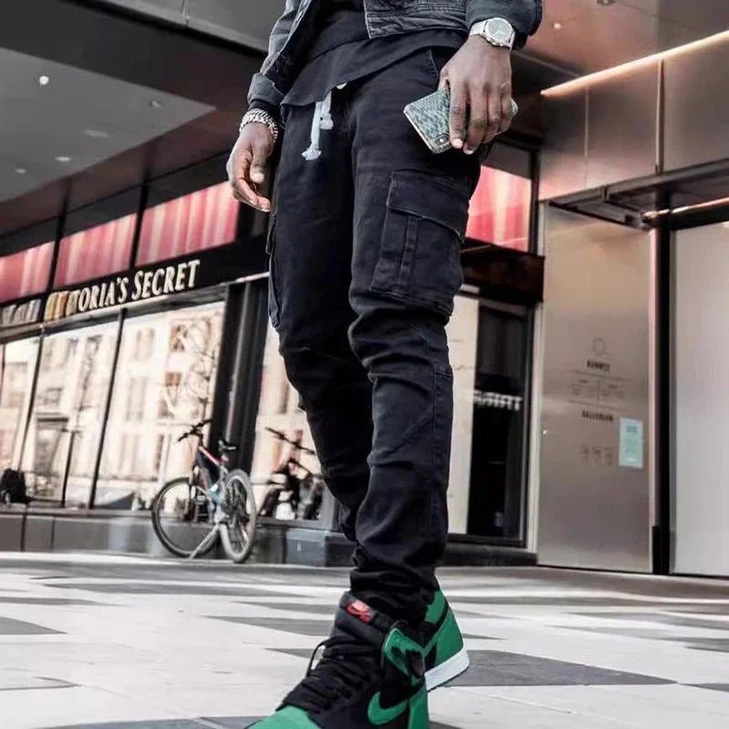 Slim Fit Cargo Denim Pants with Side Utility Pockets
