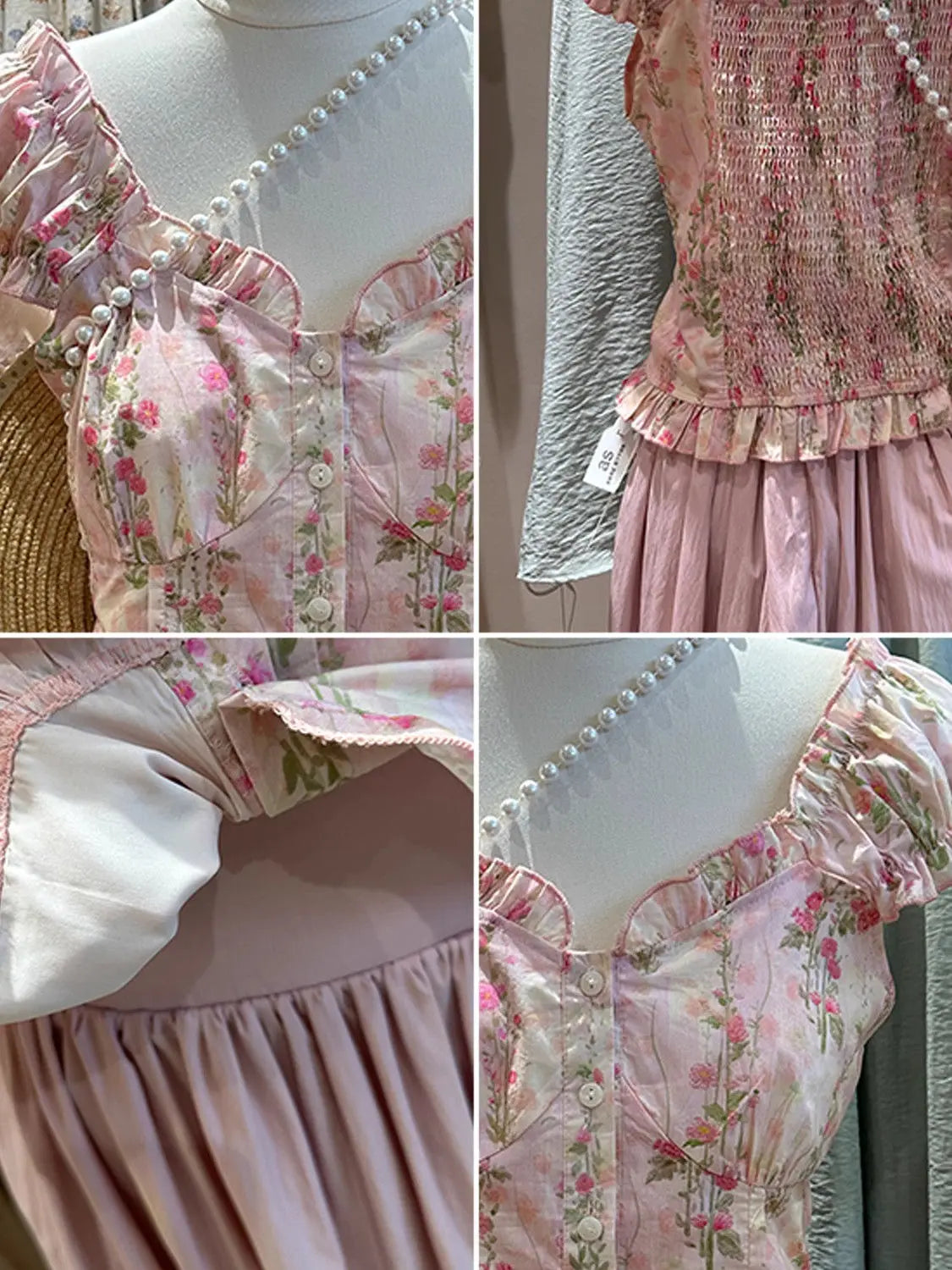 V-Neck Pleated Floral Short-Sleeved Blouse