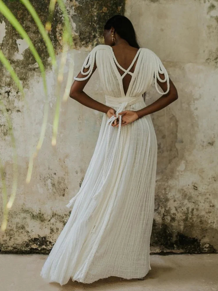 Strap Off Shoulder Hanging Neck Woven Rope Dress