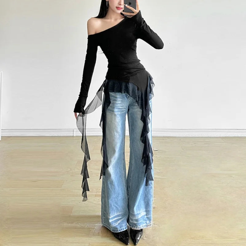 Lamuusaa Solid Color Off Shoulder Long Sleeve Asymmetrical Ruffle Hem T-Shirt