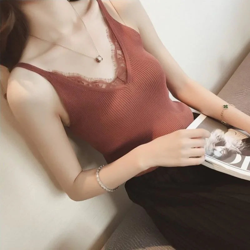 Lace Top V-neck Solid Knit Tank