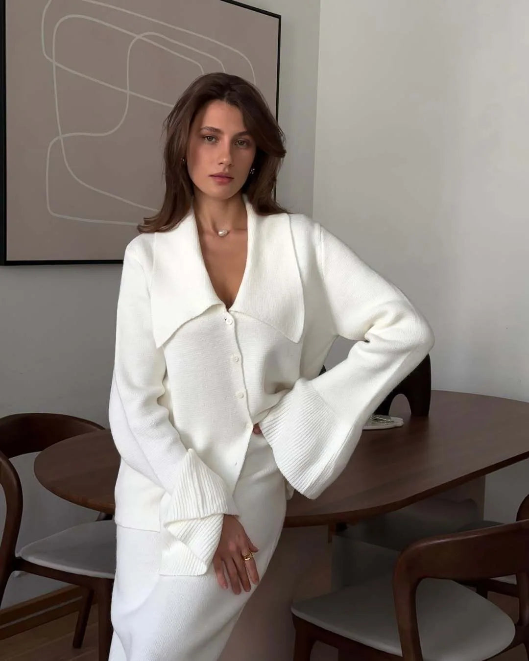 Hirsionsan Polo Neck Cardigan Sweater & Midi Dress Knitted Tracksuit Set