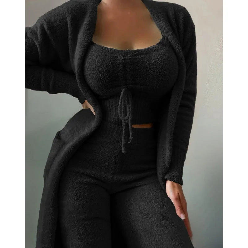 Teddy Velvet Crop Top + Cardigan Coat + Pants Set