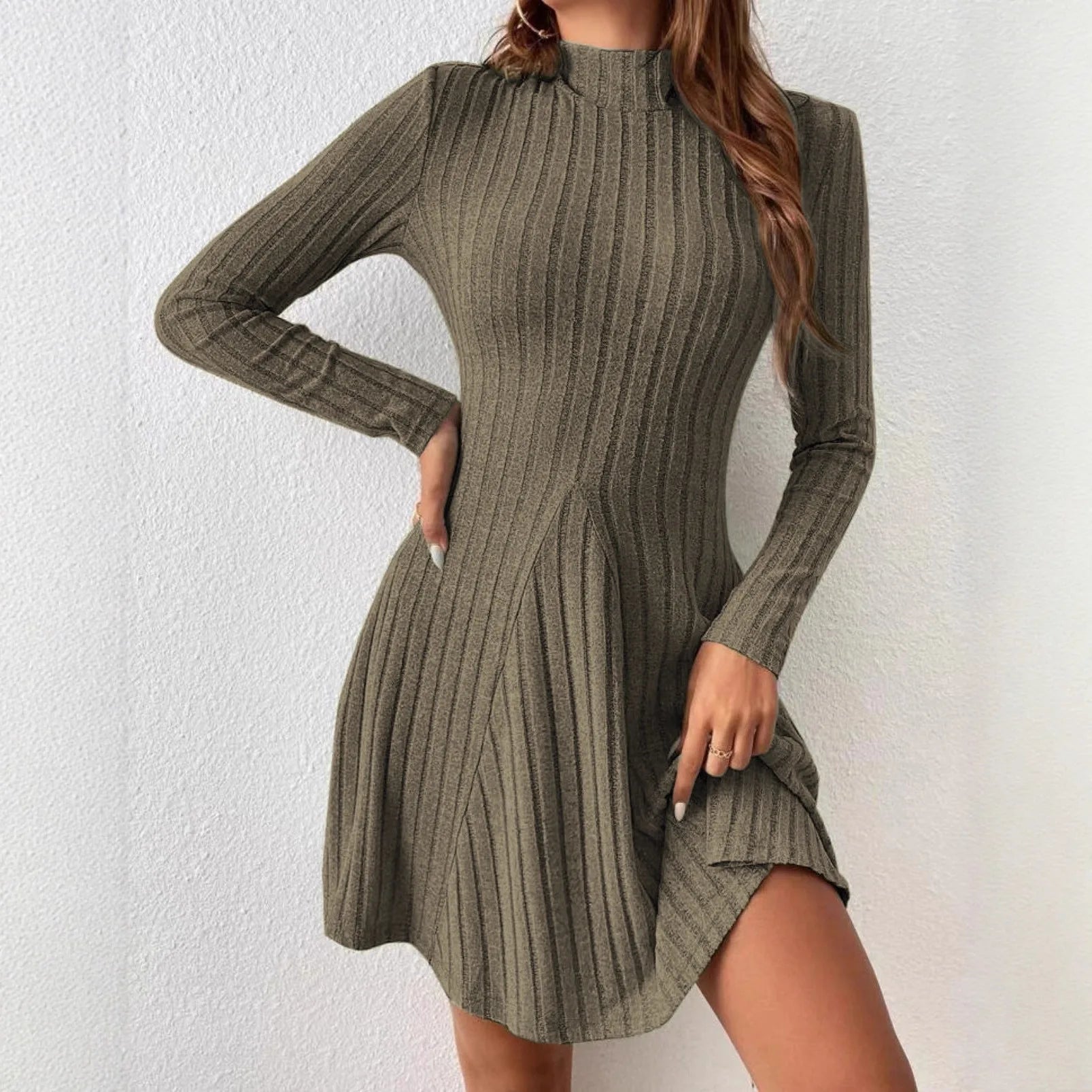 Mock Neck Ribbed Knit Skater Dress