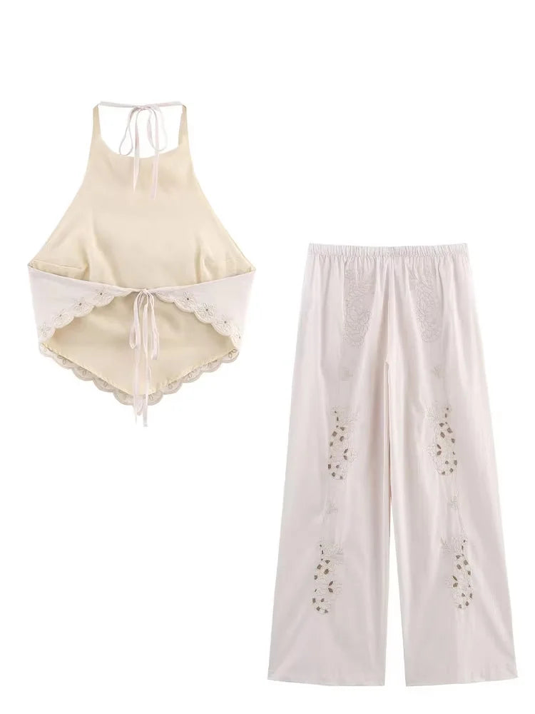Backless Embroidery Strapless Sleeveless Poplin Top + Elastic Waist Pants