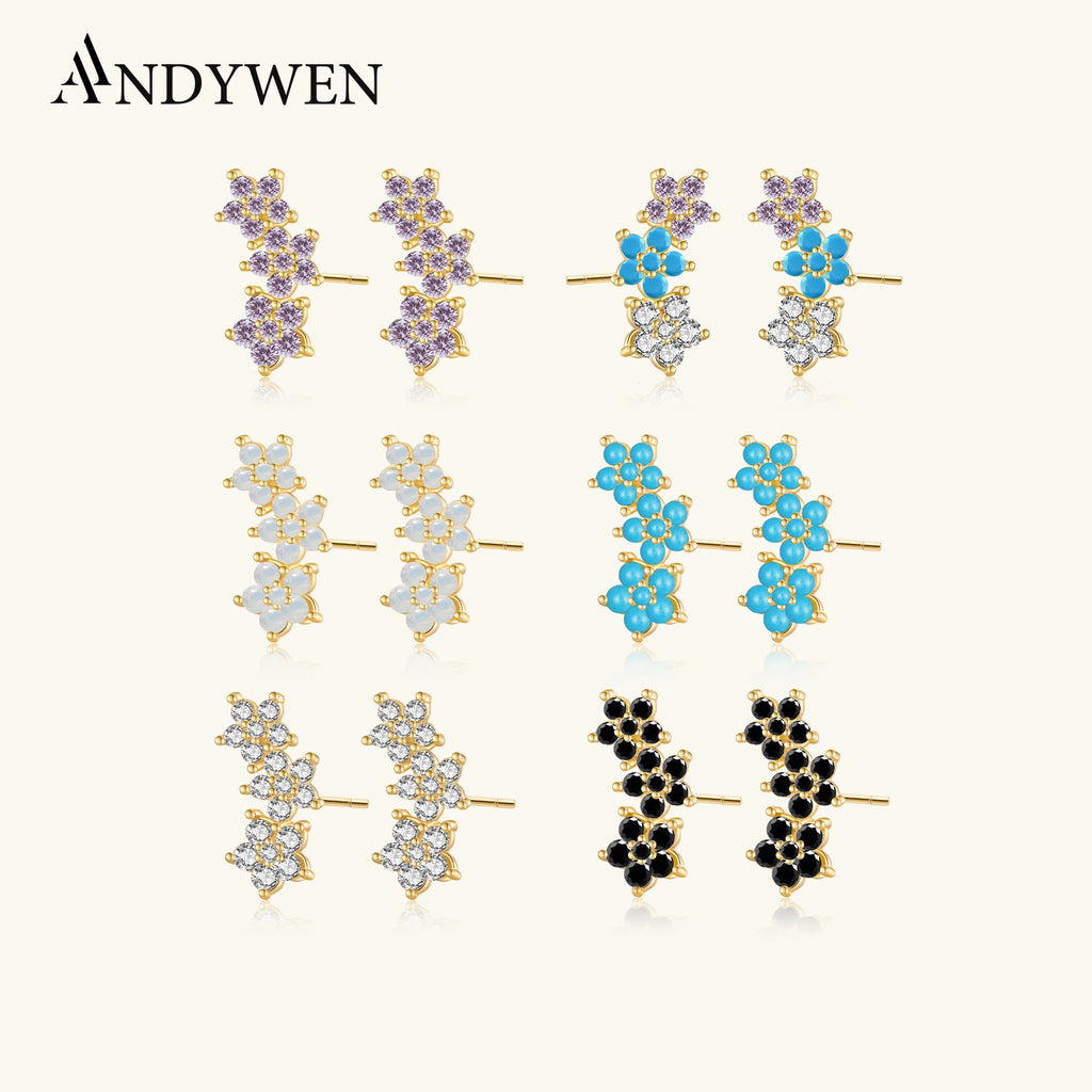 925 Sterling Silver Three Flower Stud Earring
