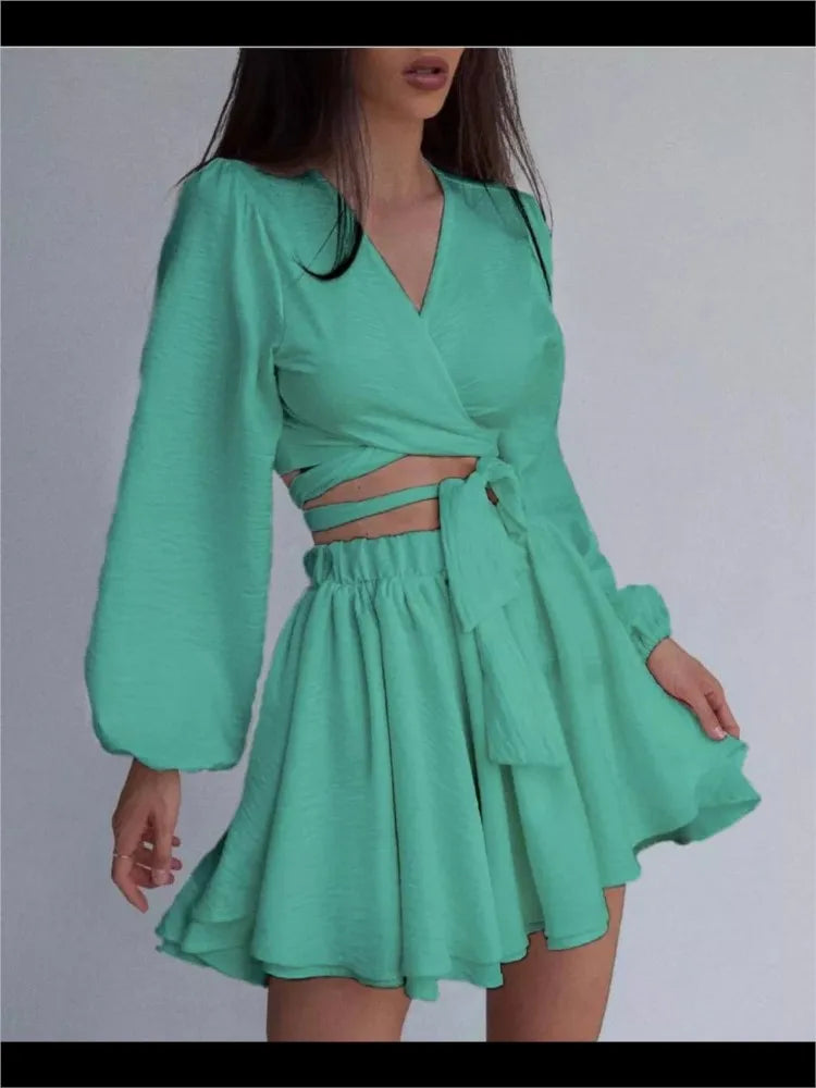 V-neck Waistband Cardigan Top + Casual Comfortable All-match Solid Color Short Set