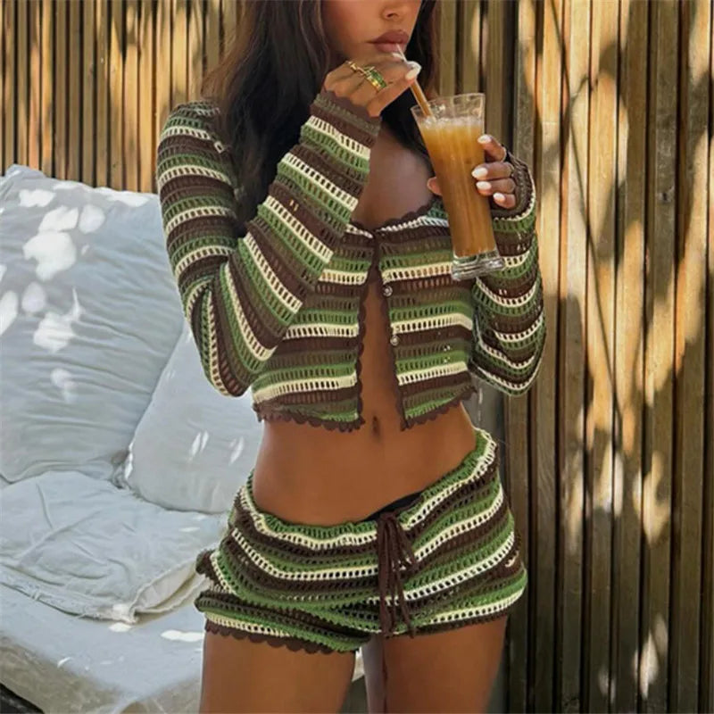 Boho Beach Striped Crochet 2 Piece Set