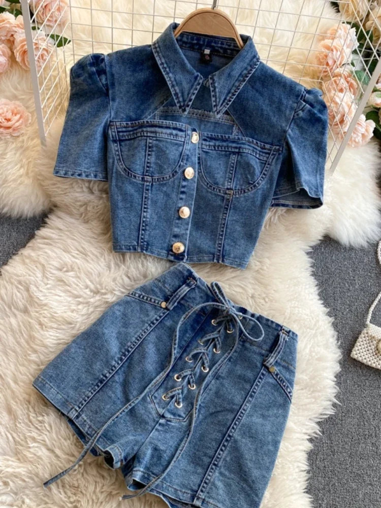 Short Sleeve Puff Sleeve Crop Top and Lace-Up High-Waisted Shorts Set