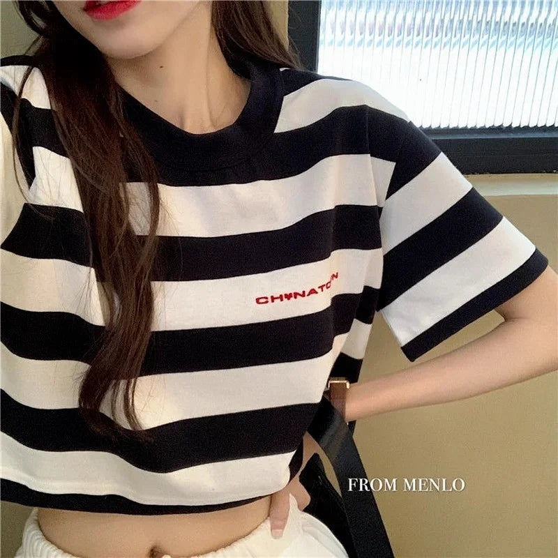Black White Striped Cropped Top