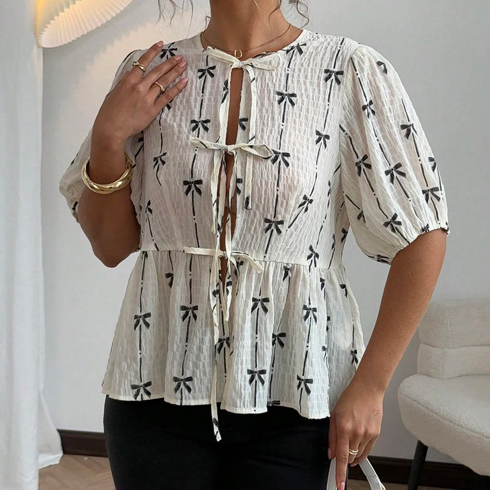 Butterfly Knot Pattern Bubble Sleeve Tie Shirt