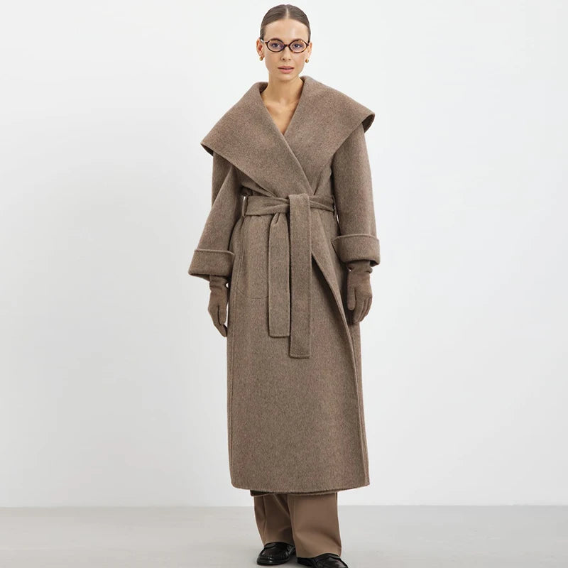 Shawl Collar Woolen Coat With Belt