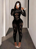 FHSEER Sheer Mesh Long Sleeve Hollow Out Bodycon Jumpsuit