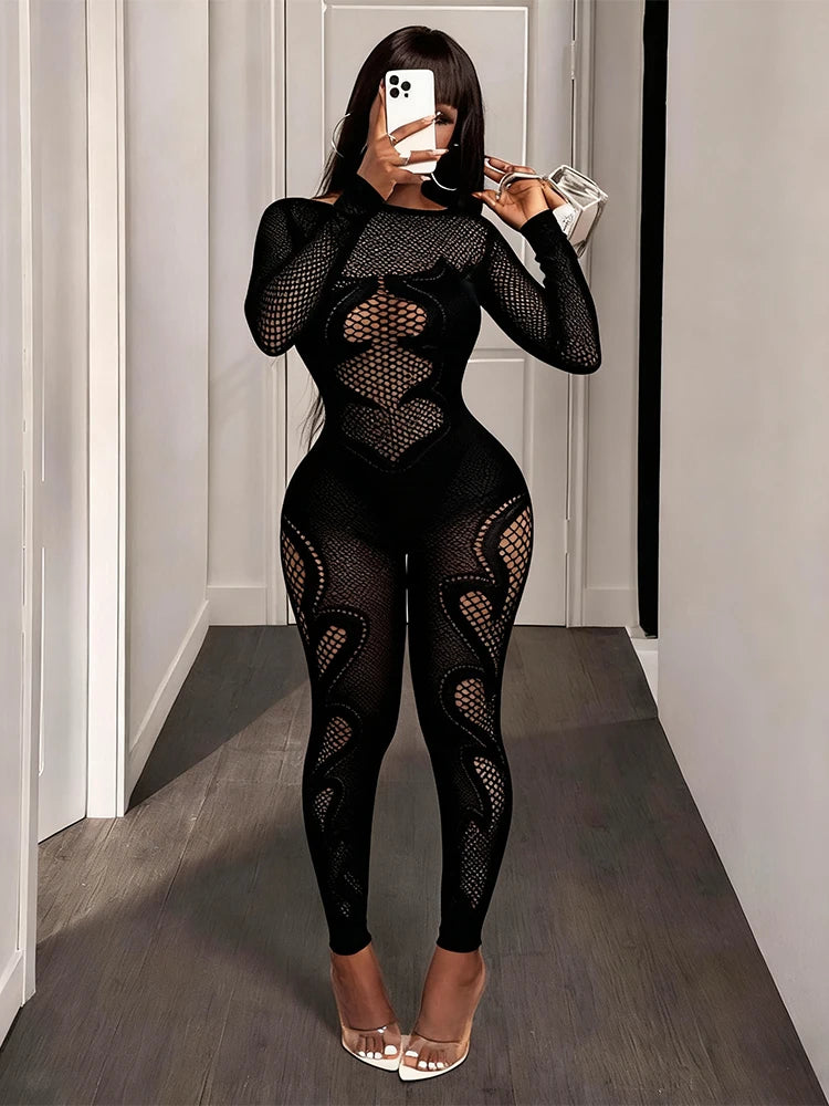 FHSEER Sheer Mesh Long Sleeve Hollow Out Bodycon Jumpsuit