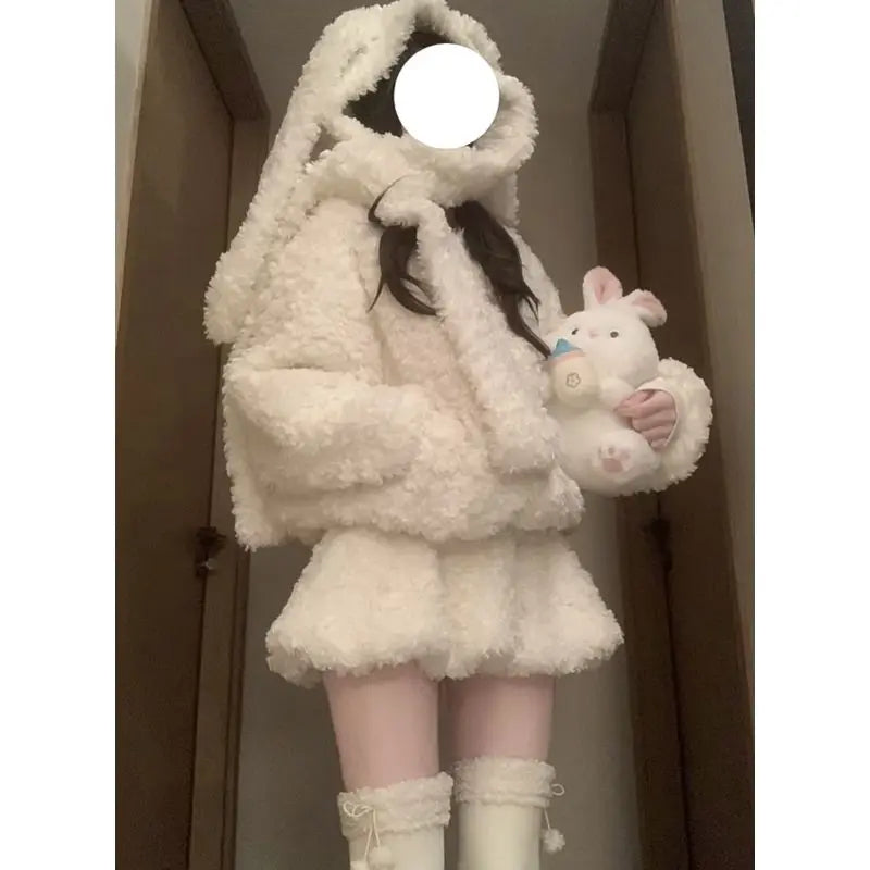 Rabbit Ear Lamb Fur Jacket And High Waist Short Skirt Set