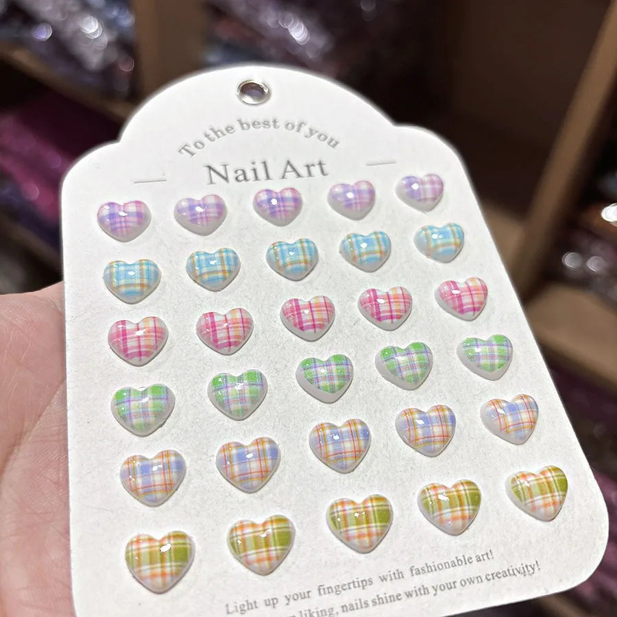 100Pcs 10×11mm Heart Plaid Nail Charms - 3D Sweet Girl Nail Art, Lovely Press-On Nail Decor for DIY Kawaii Manicures