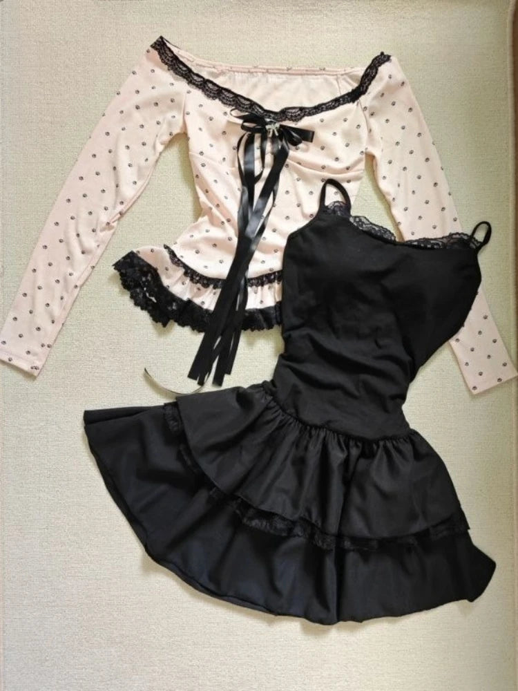 Bowknot Polka Dot Tops + Skinny Black Dress Set