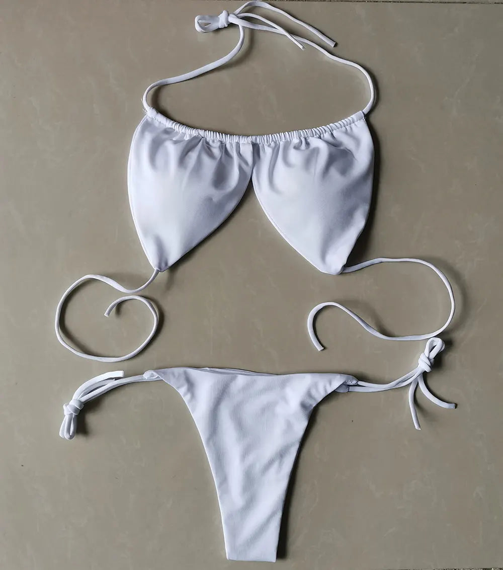 Solid Color Ruched String Bikini