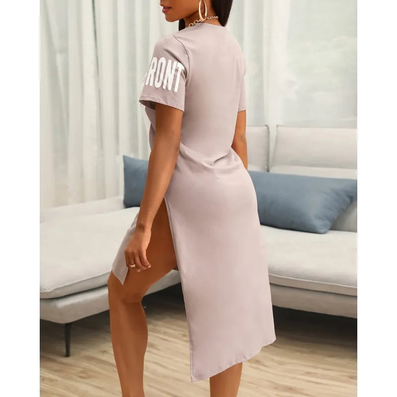 Round Neck Short Sleeve Split Loose Dress