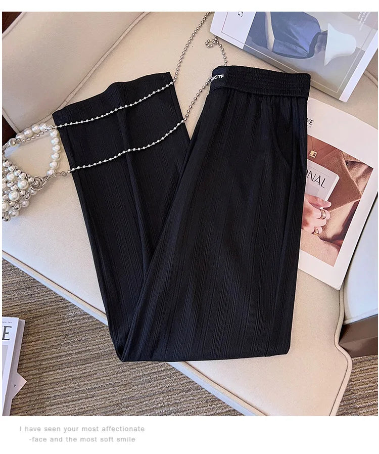Loose Straight Leg High Waisted Ice Silk Cropped Pants