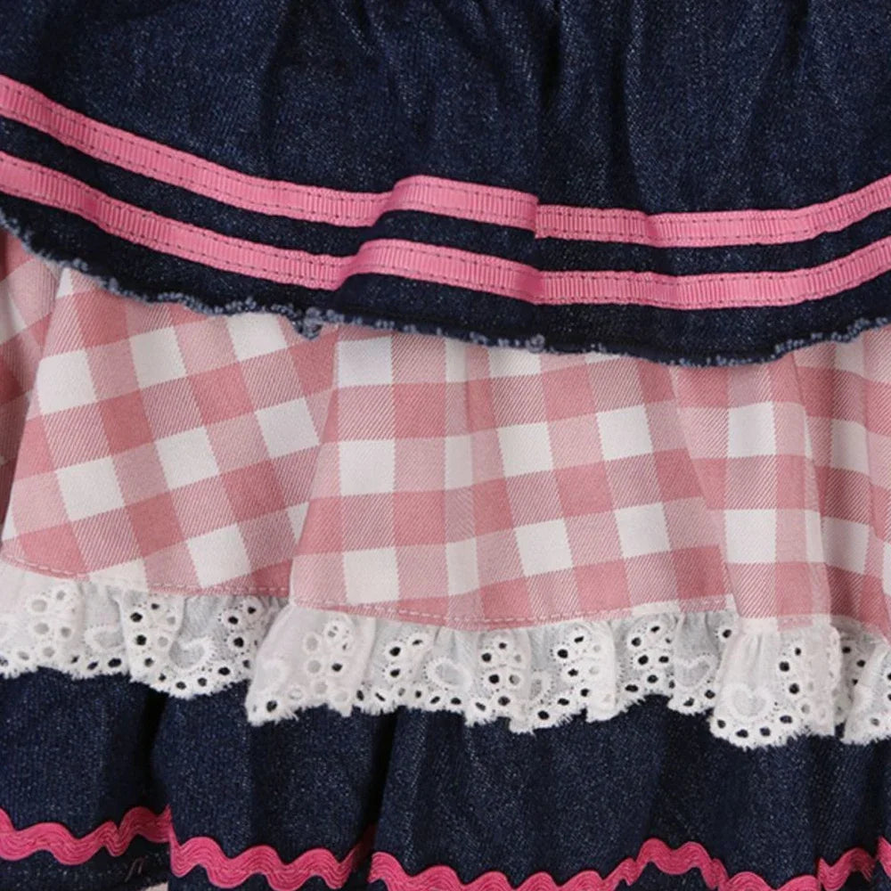 Gingham and Denim Tiered Ruffle Mini Skirt