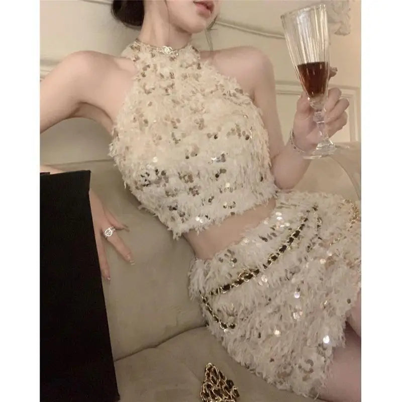 Halter Neck Sequin Top Half Body Hip Short Skirt Set