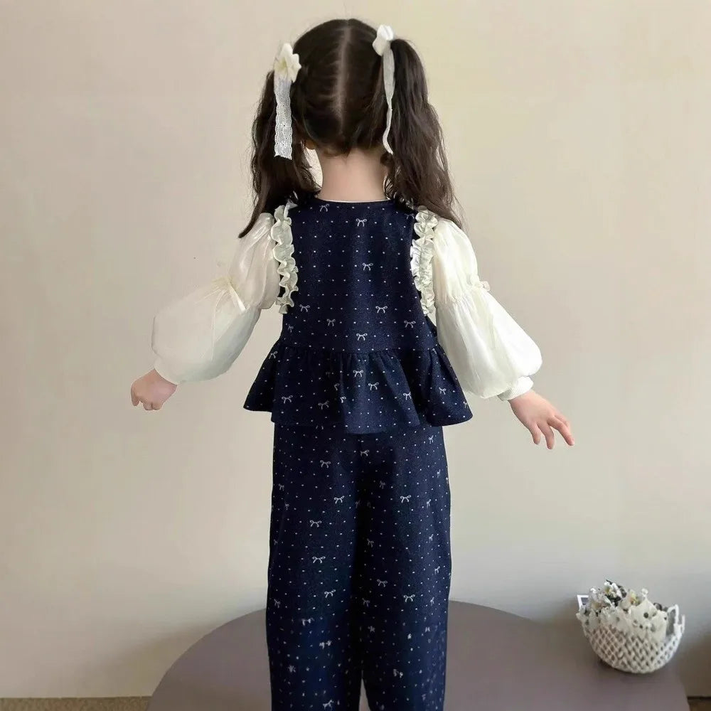 Denim Ruffle Bow Printed Vest + Long Sleeved Shirt + Pants 3 Pcs Set