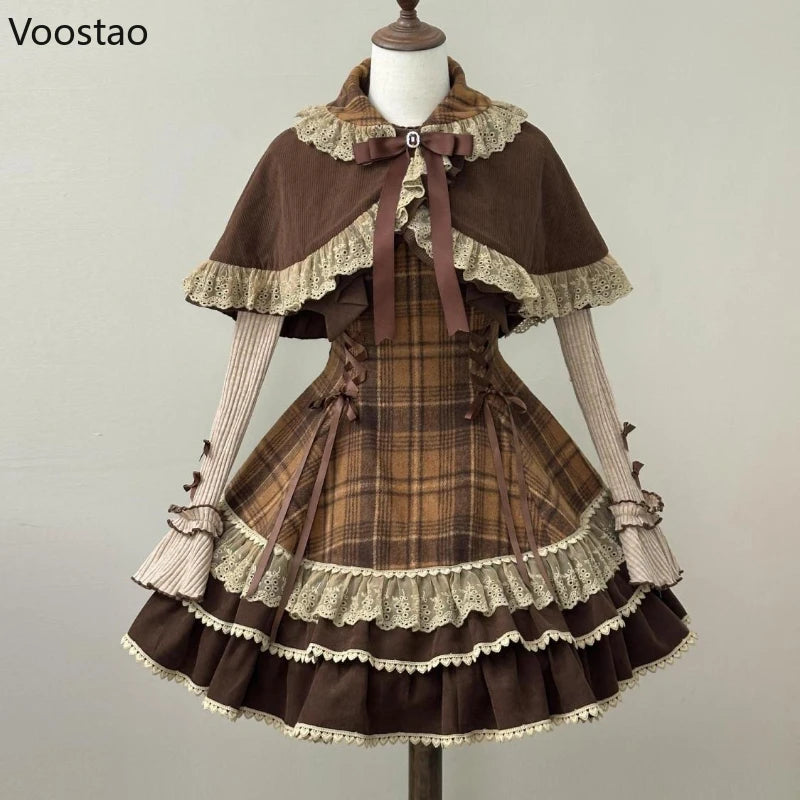 Lace Bow Peter Pan Collar Cloak Top Plaid Mini Dress Set