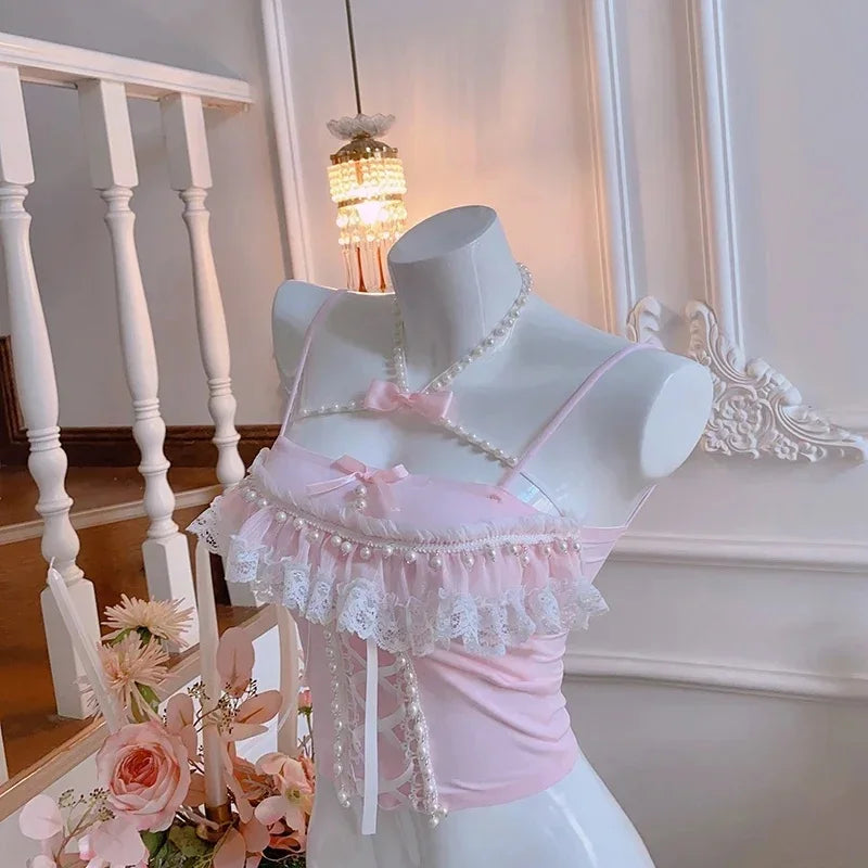 Lace Trim Heart Shaped Bow Decoration Top