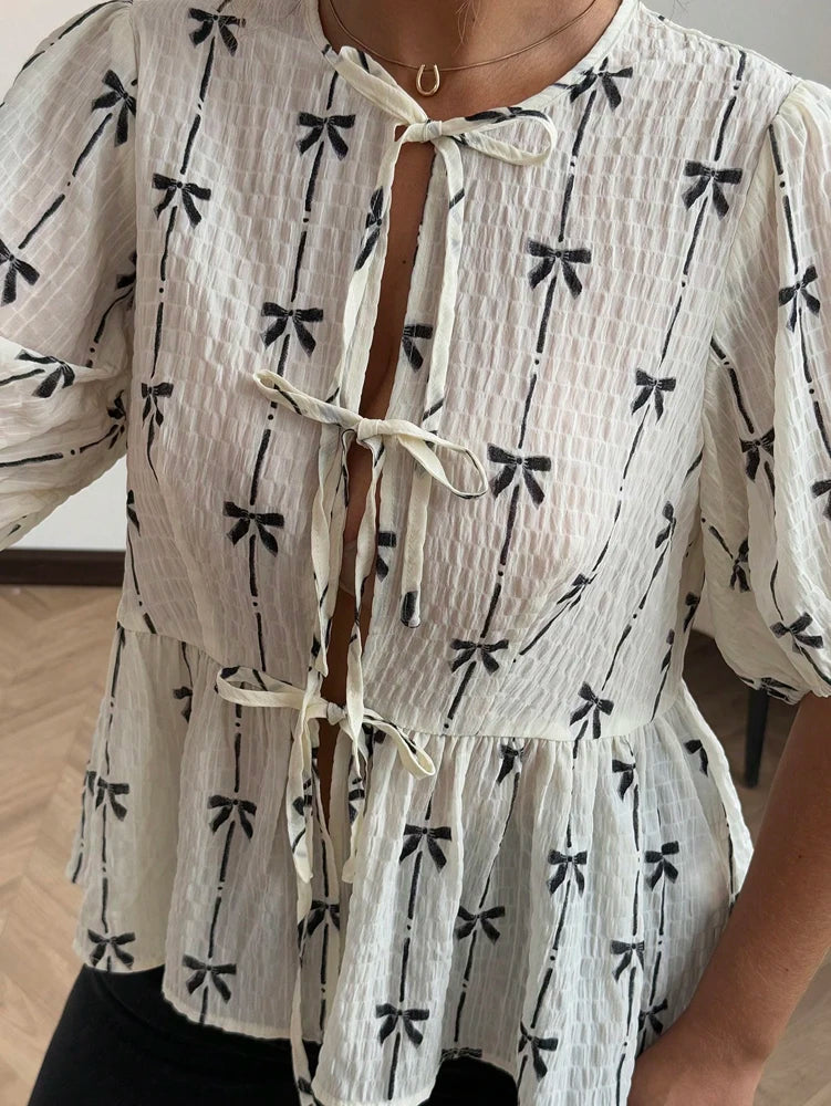 Butterfly Knot Pattern Bubble Sleeve Tie Shirt