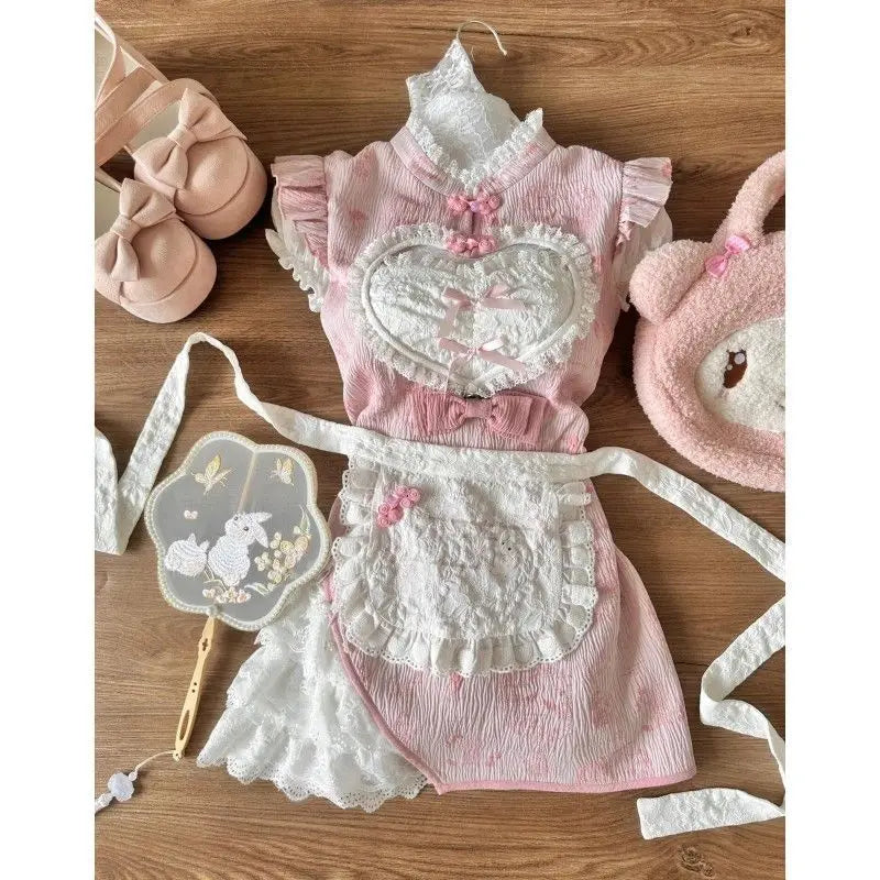 Lace Patchwork Top + Y2k Plaid Mini Skirt Set