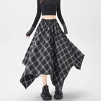 Plaid High Waisted Elastic A-Line Mid Length Irregular Skirt