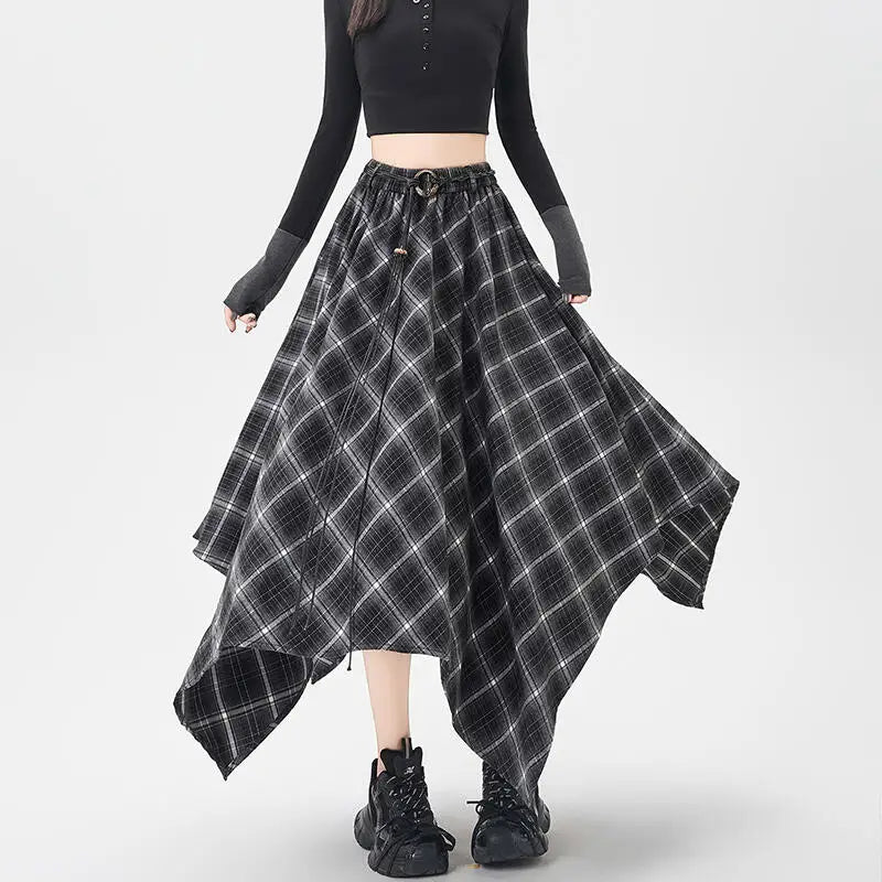 Plaid High Waisted Elastic A-Line Mid Length Irregular Skirt