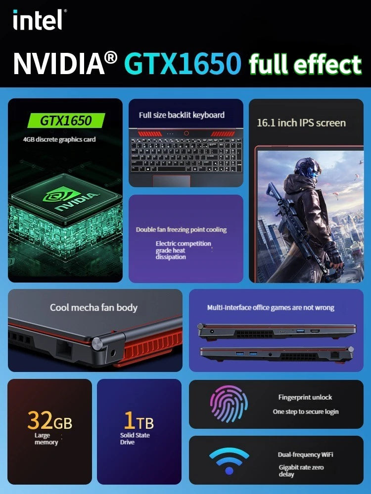 2026 New Gaming Laptop Computer Intel Core i9-10885H i7 8750H GTX1650 4G 16.1 Inch IPS Screen RAM Max 64GB 2*DDR4 2*M.2 NVMe