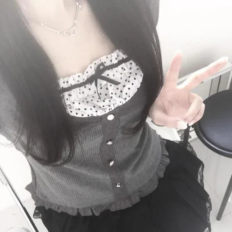 Polka Dot Print Contrast Patchwork Knitted Top