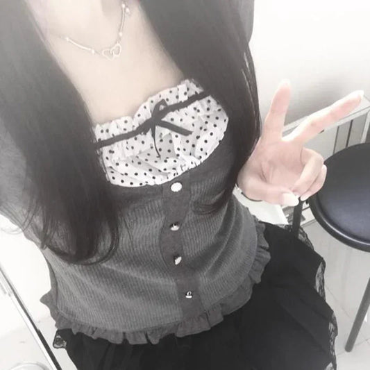 Polka Dot Print Contrast Patchwork Knitted Top
