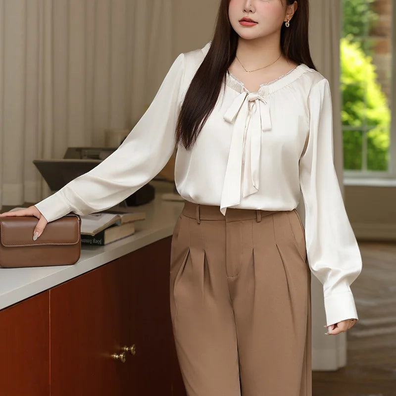 Lace V-neck Bow Bandage Long Sleeve Satin Blouse