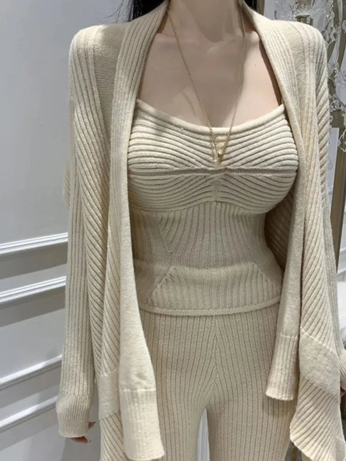 Knitted Sweater Cardigan High Waist Strap Vest Top Long Sleeve V-Neck Set