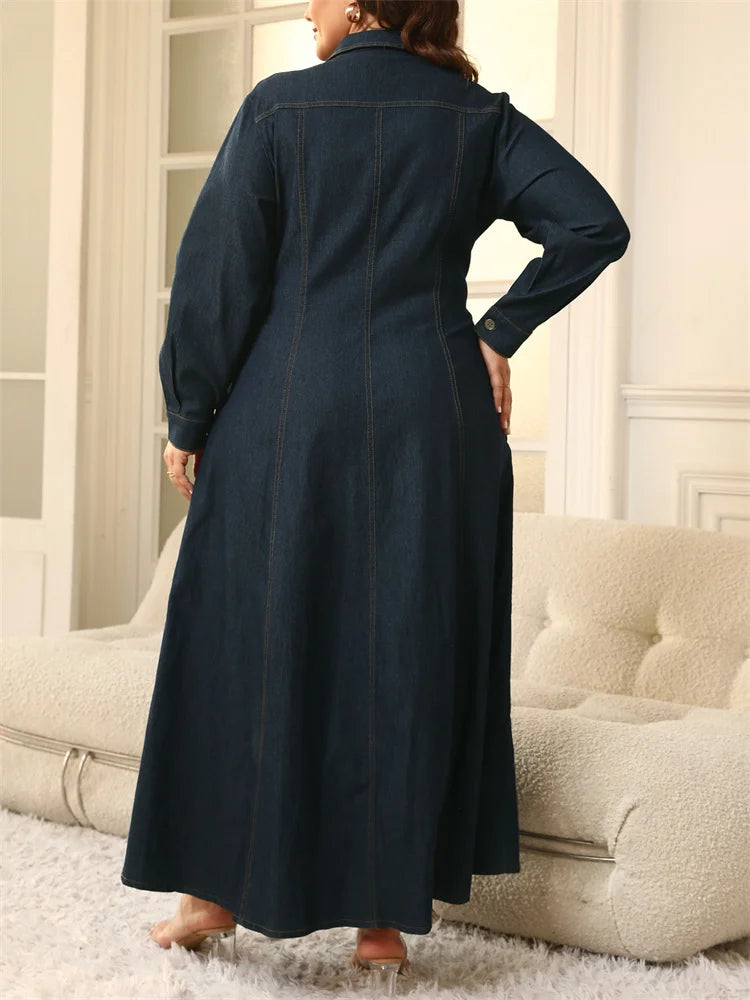 Denim Button Solid Maxi Dress
