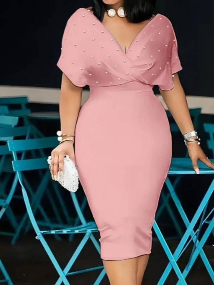 Pink Pearl Embellished Midi Bodycon Dress