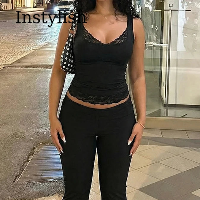 Square Collar Backless Slim Lace Ruffles Patchwork Tank Top