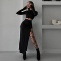 Long-Sleeved Round Neck Top Slim Strap Slit Skirt Set