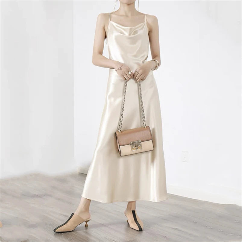 Solid Ice Silk Spaghetti Strap Dress