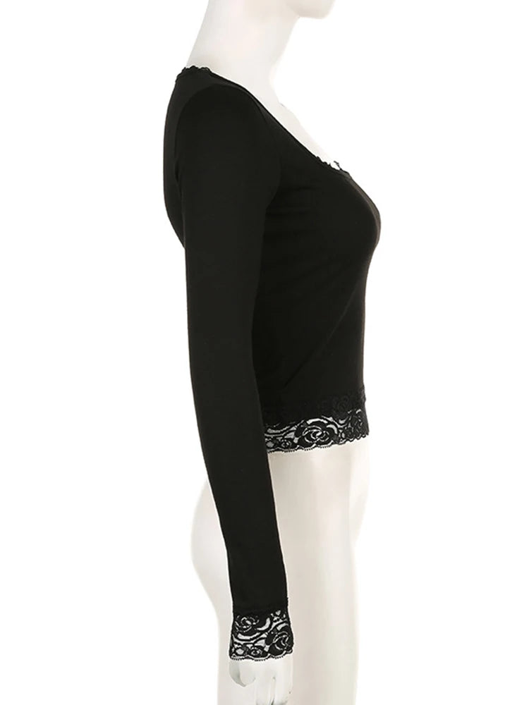 Fitted Long-Sleeve Crewneck Tee with Lace Detail