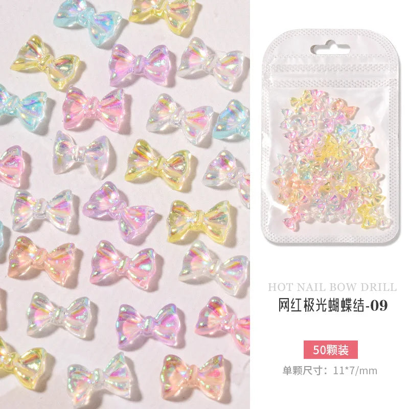 50PCS Aurora Acrylic 3D Nail Art Bow Charm For Nails Decoration Design Kawaii Manicure Accessories Bow-knot DIY Craft Supplies