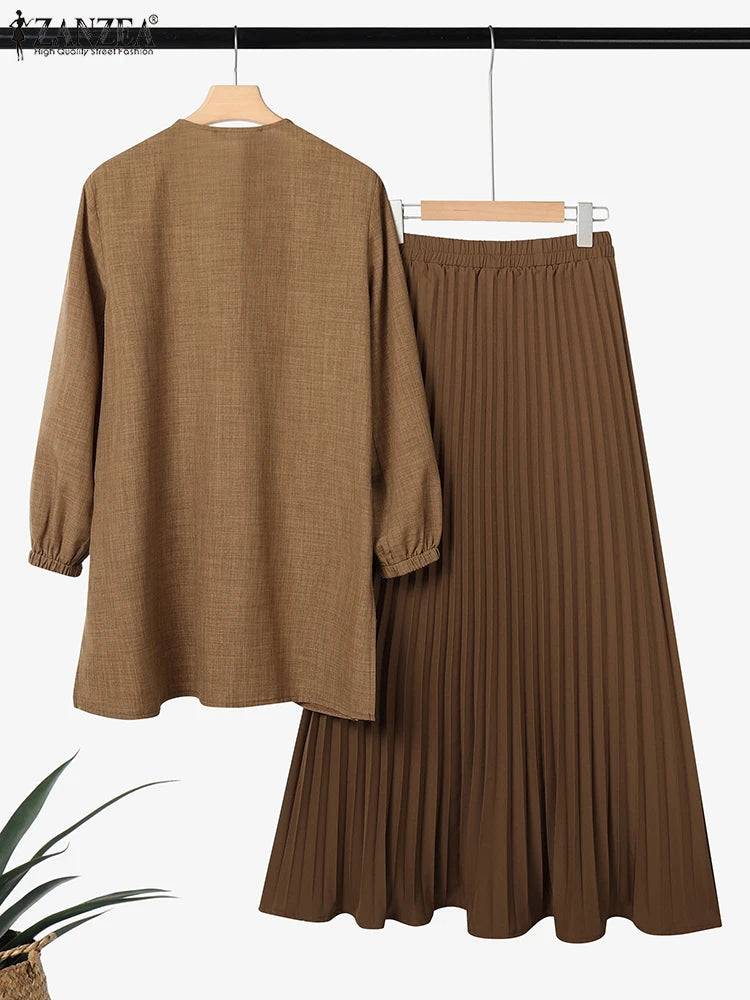 ZANZEA Autumn Muslim Two Piece Sets Women Outfits Casual Long Sleeve Long Tops Dress Sets Abaya Suit Dubai Hijab Tracksuit 2025