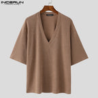 V Neck Half Sleeve Solid Color Ribbed Knitted Shirt